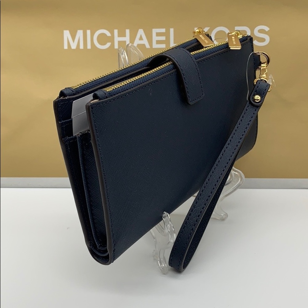 MICHAEL KORS LG DOUBLE ZIP WRISTLET PHONE CASE - wallet Navy NWT - Picture 16 of 16